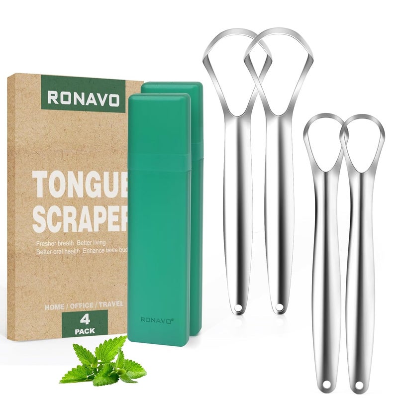 RONAVO Tongue Scraper Cleaner for Adults and Kids with Handy Travel Case, Professional Heavy Duty Scraper, Healthy Oral Care, Fights Bad Breath Odor, Easy to Use, 2 Sizes (4 Pack) - Image 1